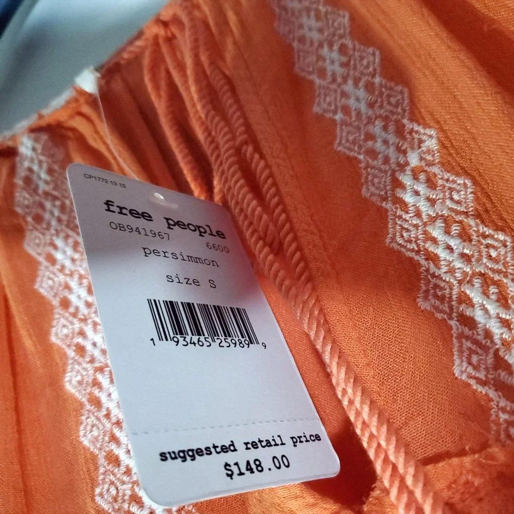Free People Coral Orange Embroidered Mini Dress